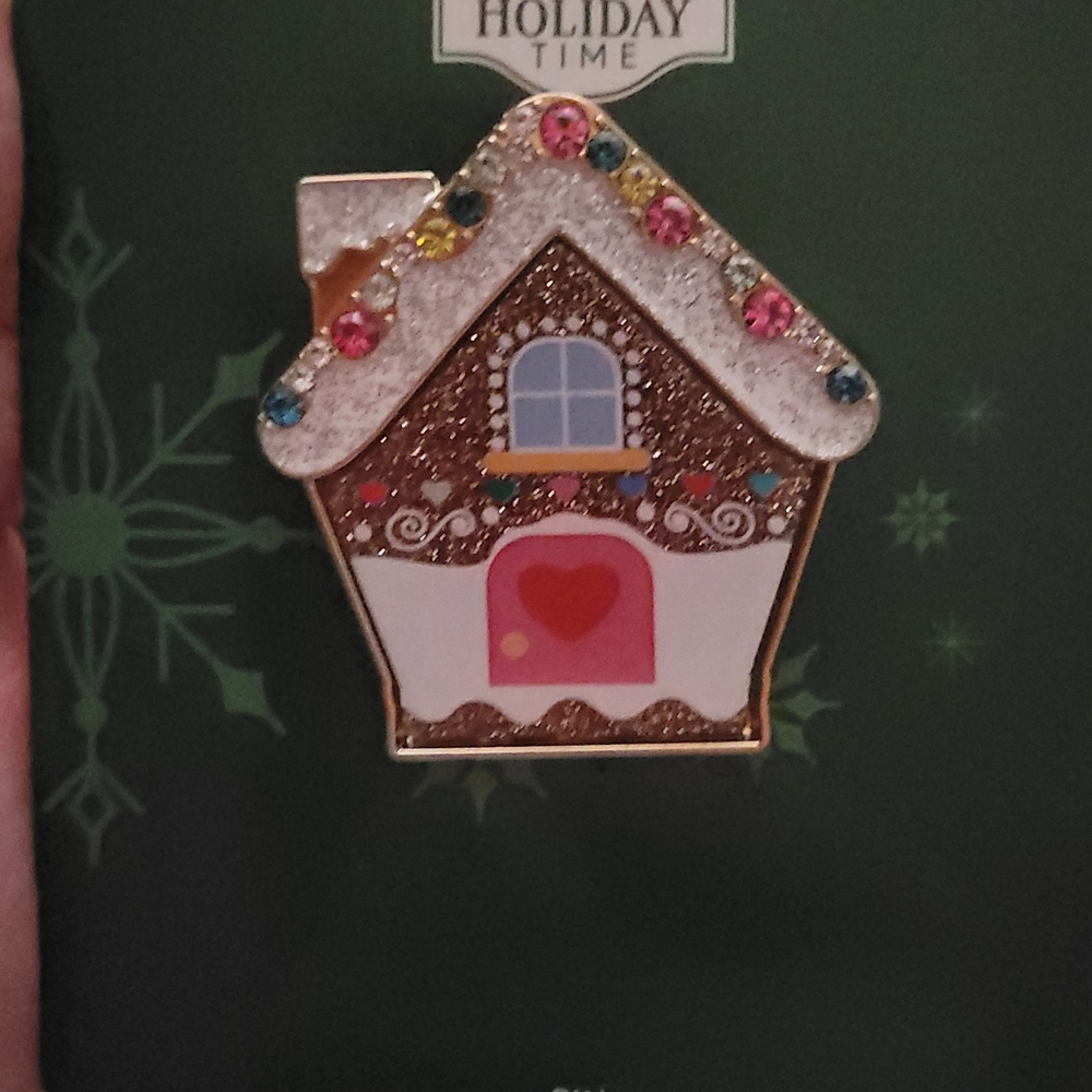 Holiday Time Gingerbread House Brooch - Brown, White, Pink, Blue